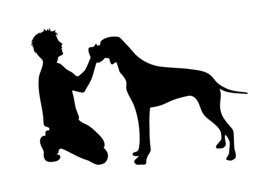 Vector silhouette of man with dog white background.