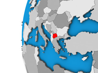 Macedonia on blue political 3D globe.