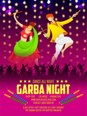 Couple playing Dandiya in disco Garba Night poster for Navratri Dussehra festival of India
