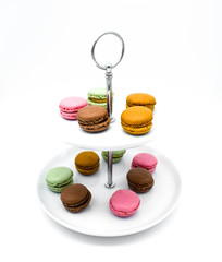 macarons on tier serving trays, etagere, tiered macarons