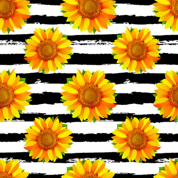 Seamless pattern with sunflowers on black and white stripes background vector