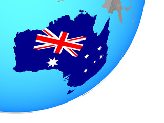 Australia with embedded national flag on blue political globe.
