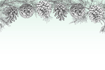 Obraz premium Festivev background template with seamless pattern realistic botanical ink sketch of fir tree branches with pine cone in black and white colors isolated on white. Vector illustrations