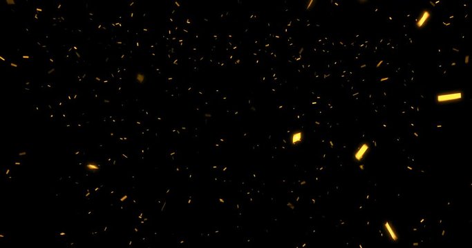 falling down golden metallic glitter foil confetti, animation movement on black background, gold christmas, holiday event happy new year and festive fun concept, with alpha channel