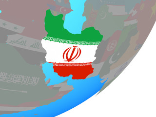Iran with embedded national flag on blue political globe.