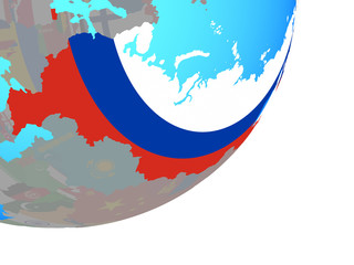 Russia with embedded national flag on blue political globe.