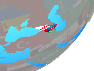 Caucasus region with embedded national flag on blue political globe.