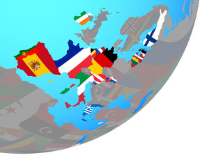 Eurozone member states with embedded national flag on blue political globe.