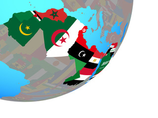 Arab League with embedded national flag on blue political globe.