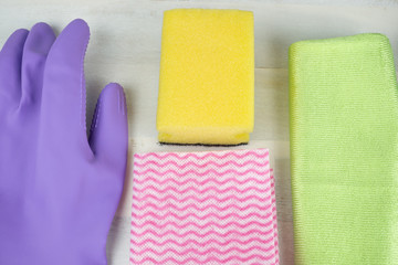 Spring cleaning, rubber gloves, sponge and cleaning rag