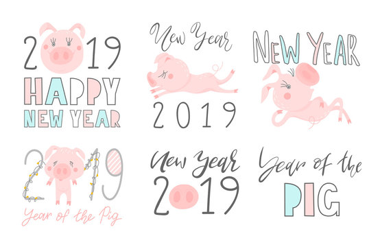 Set of 2019 text design pattern with cute pigs. Collection of Happy New Year and happy holidays. Vector illustration. Isolated on white background