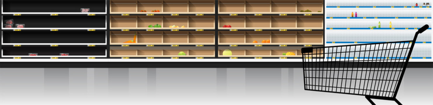 Interior scene of modern supermarket with empty shelves and shopping cart , vector , illustration