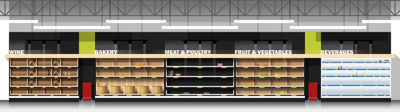 Interior scene of modern supermarket with empty shelves , vector , illustration