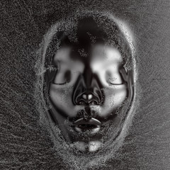 Black mask appearing from abstract water drops liquid surface, awakening concept 3d render