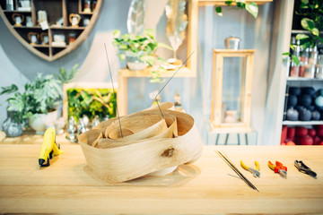 Florist tools on the table in flower shop, nobody