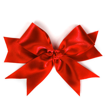 Red satin bow ribbon on white