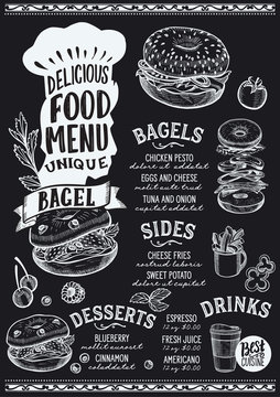 Bagel food menu template for restaurant with chefs hat lettering.