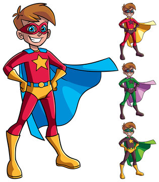 Full length illustration of superhero boy smiling happy while wearing cape and superhero costume.

