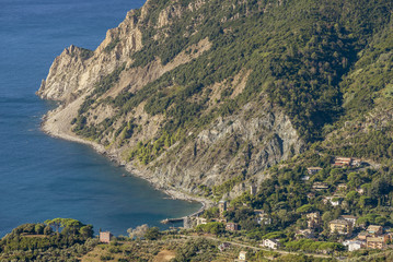 Fototapeta premium Beautiful aerial view of Monterosso al mare and Punta Mesco, Cinque Terre, La Spezia, Liguria, Italy