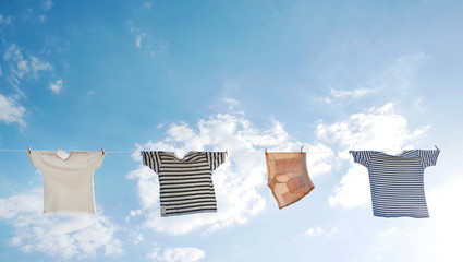 Hang Clothes Laundry in Clear Sky, Wind Blow and Bright Sun     