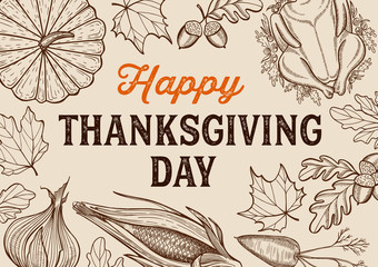 Happy thanksgiving day background with lettering and illustrations. - 226307689