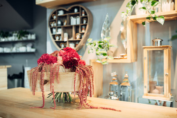 Flower bouquet with decoration in shop, nobody