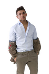Fototapeta premium Handsome young man portrait, standing isolated on white, looking straight at camera