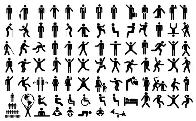 Big set people action pictogram. Black illustration