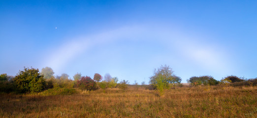 white rainbow-a foggy arc over an autumn meadow