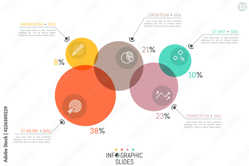 Poster unique infographic design layout, 5 overlapping translucent circular elements of different size, ico