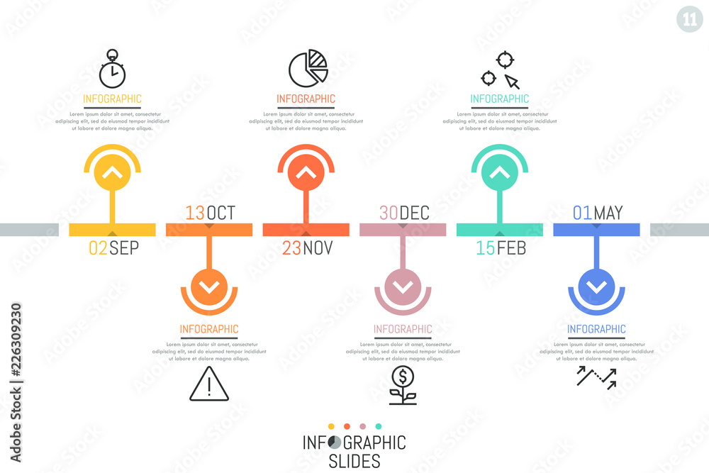 Poster horizontal timeline, 6 elements with date indication and arrows pointing at icons and text boxes. in