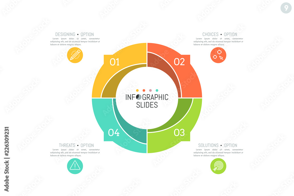 Poster infographic design layout. round diagram divided into 4 numbered parts with arrows pointing at text 