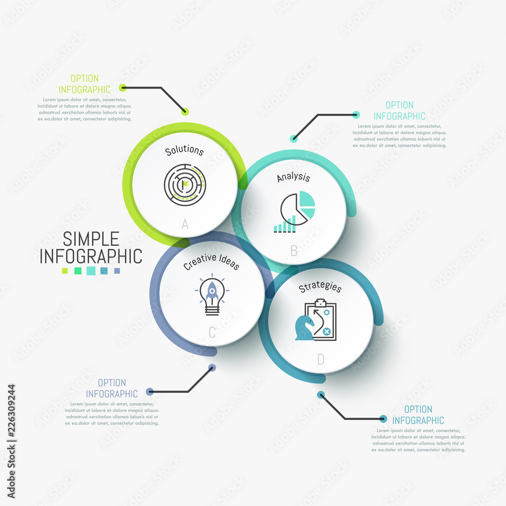 Poster simple infographic design template. four separated circles containing pictograms and letters inside 