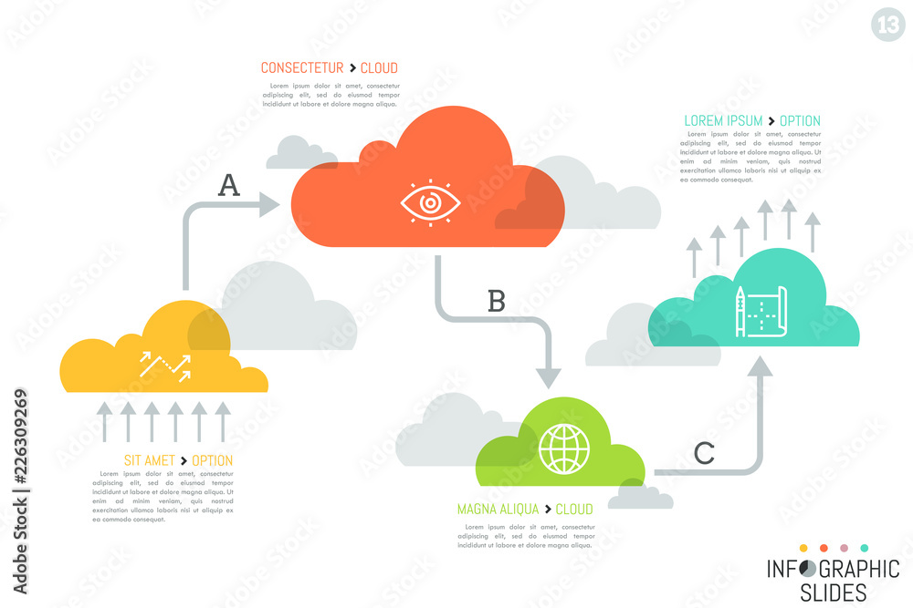 Poster unusual infographic design template, 4 translucent elements of different size successively connected