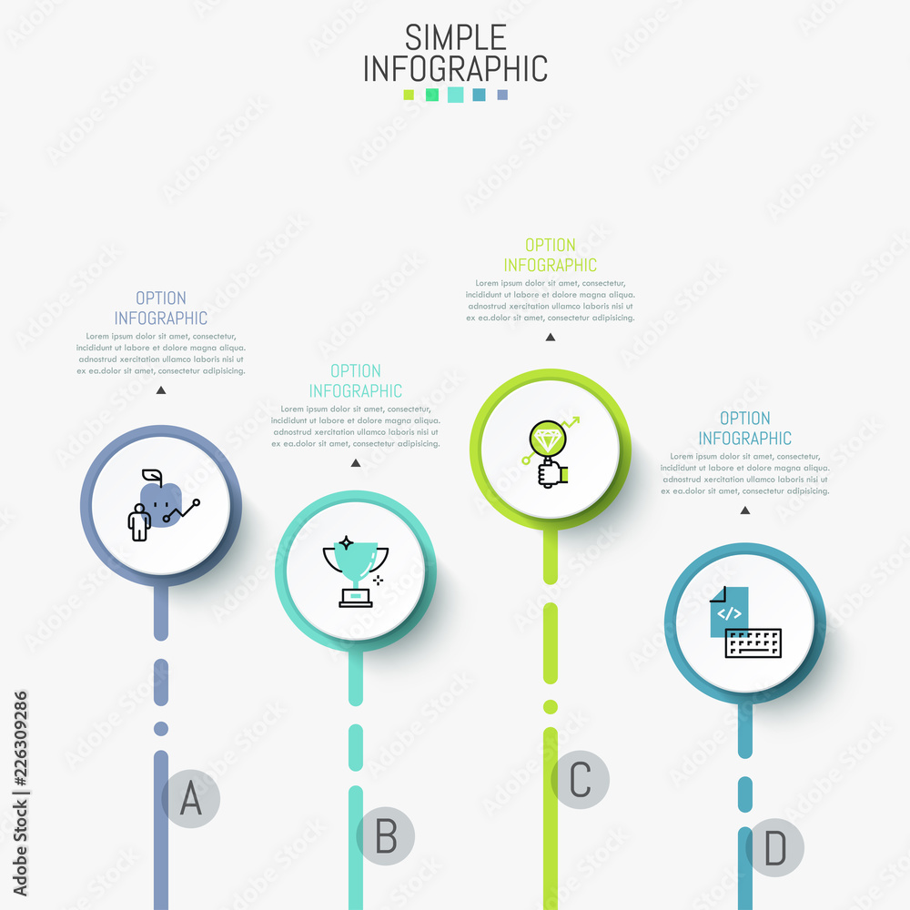 Poster minimalist infographic design layout. four separated round lettered elements containing icons inside
