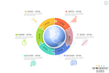 Six jigsaw puzzle pieces placed around planet Earth. Features of international development, global business processes concept. Simple infographic design template. Vector illustration for presentation.