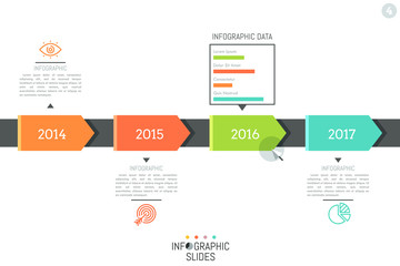 Infographic design layout. Horizontal timeline, 4 elements indicating year and connected with icons, text boxes, bar chart. Company development progress concept. Vector illustration for website. - obrazy, fototapety, plakaty