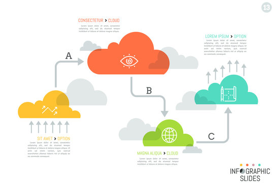 Unusual Infographic Design Template, 4 Translucent Elements Of Different Size Successively Connected By Arrows. Cloud Computing Steps Concept. Vector Illustration For Presentation, Report, Website.