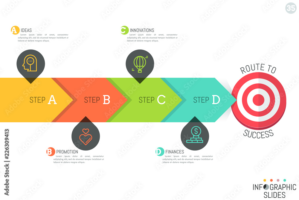 Poster minimalistic infographic design layout. horizontal arrow consisted of 4 lettered elements and pointi