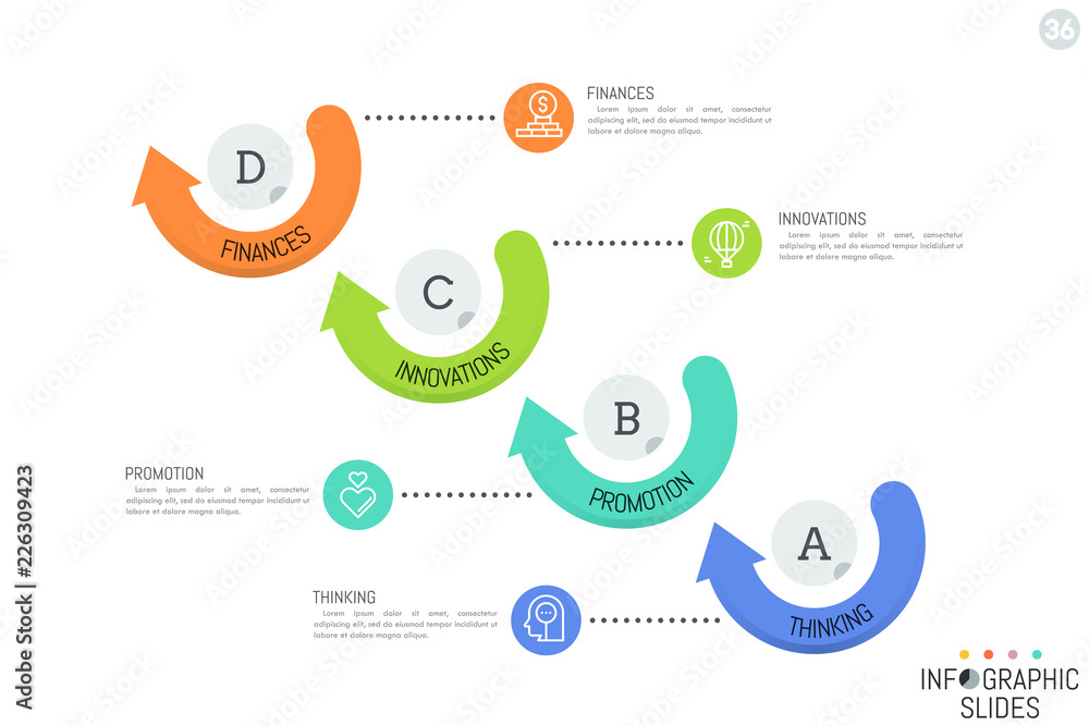 Poster infographic design template. four round elements arranged in diagonal line, surrounded by arrows and