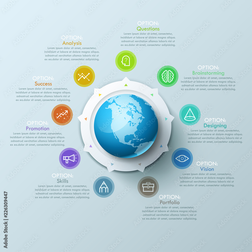 Poster beautiful infographic design layout with sphere in center, 9 arrows pointing at line symbols and tex