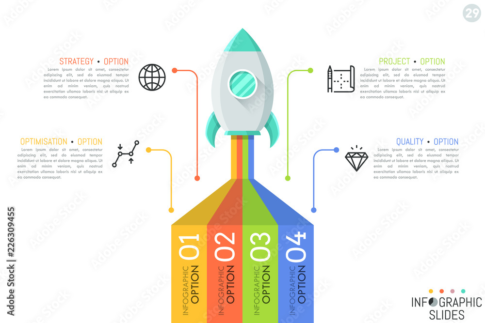 Poster creative infographic design template. spaceship taking off on mission, 4 elements connected with ico