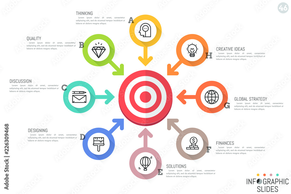Poster infographic design layout. flower petal diagram with 8 circular elements, icons, text boxes and arro