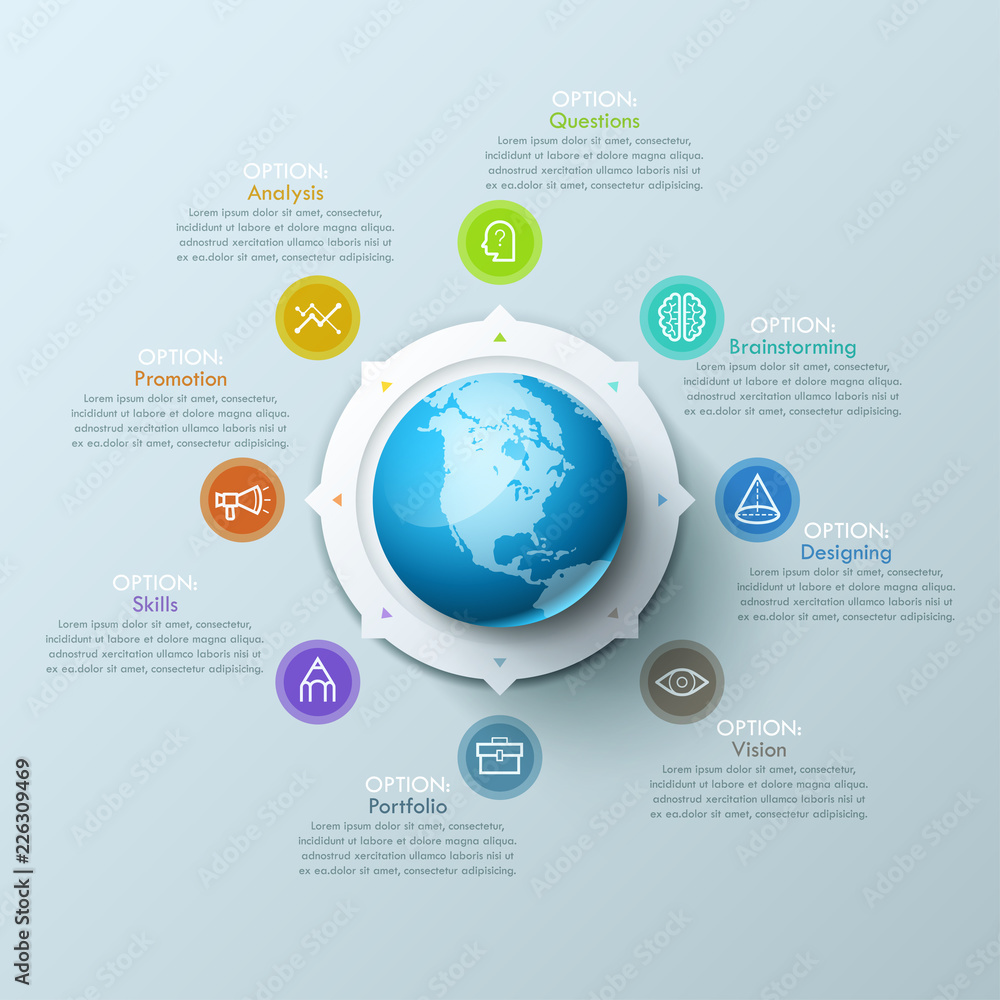 Poster beautiful infographic design layout with sphere in center, 8 arrows pointing at line symbols and tex