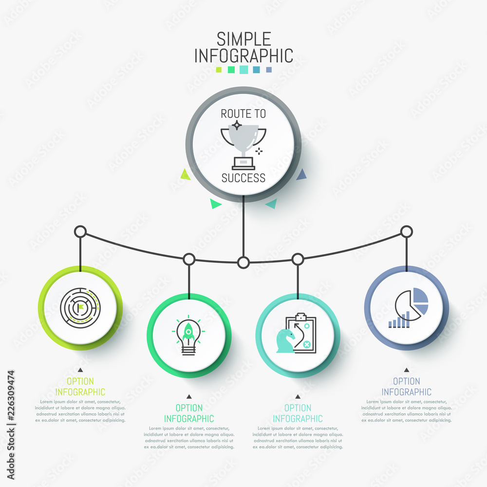Aufkleber infographic design layout. main round element connected with 4 circles, pictograms and text boxes. f