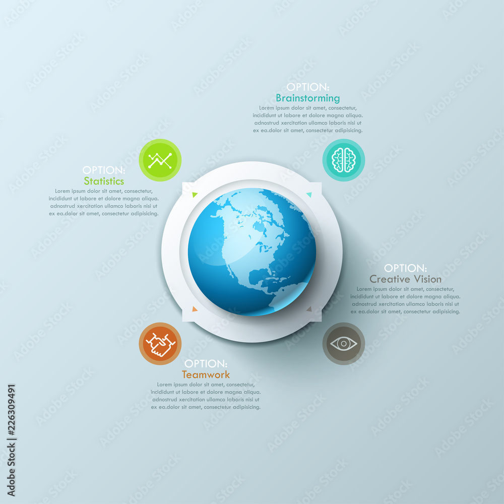 Poster creative infographic design template with planet earth in center, 4 arrows pointing at thin line ico