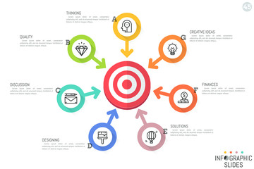 Fototapeta premium Infographic design template. Circular chart with 7 round lettered elements, pictograms, text boxes and arrows pointing at target. Seven features of successful company concept. Vector illustration.