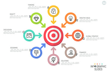 Infographic design layout. Flower petal diagram with 8 circular elements, icons, text boxes and arrows pointing at target. World business problems and global strategies concept. Vector illustration.