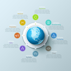 Beautiful infographic design layout with sphere in center, 8 arrows pointing at line symbols and text boxes. Eight qualities of international design company concept. Vector illustration for website.