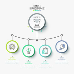 Infographic design layout. Main round element connected with 4 circles, pictograms and text boxes. Four steps to business success concept. Vector illustration for presentation, report, brochure.